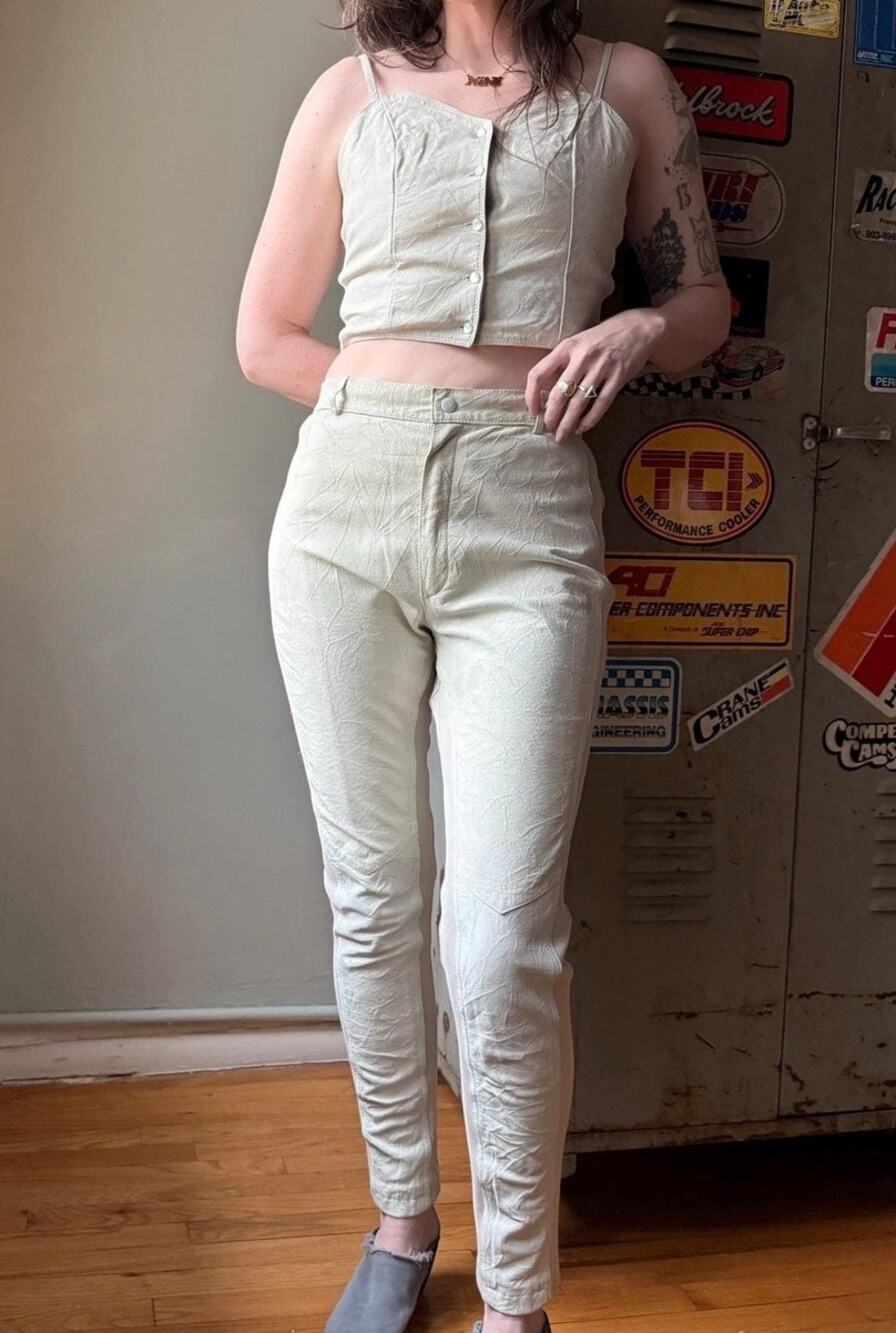 Vintage 90s Leather 2 Piece Set | Corset Crop Top + High Waist Pants | Cream | M